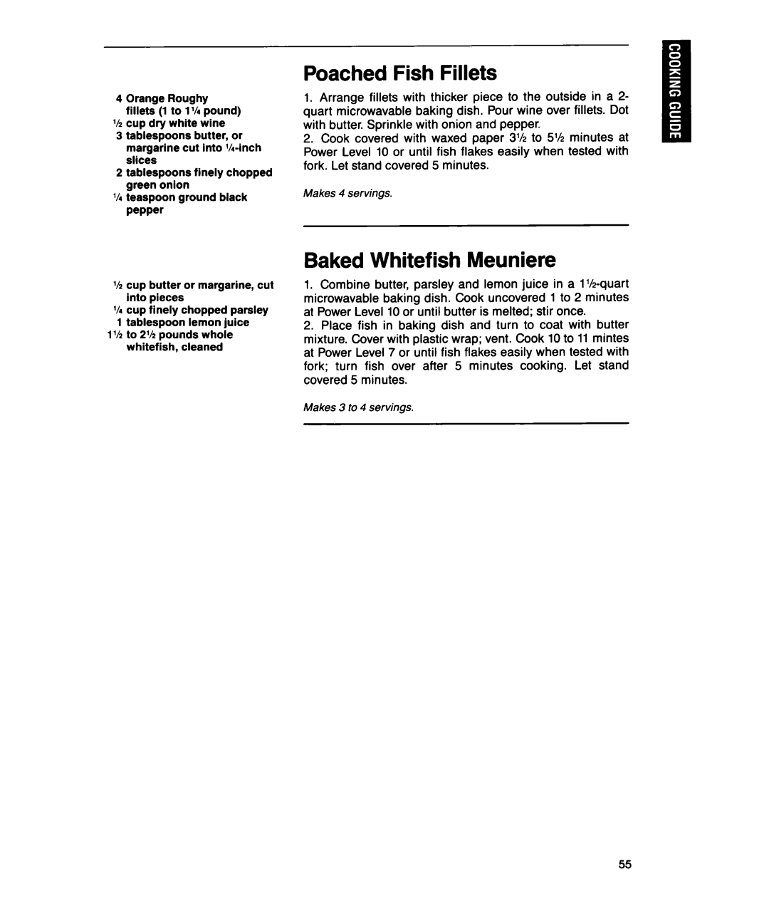 Whirlpool MTZ080XY user manual Poached Fish Fillets, Baked Whitefish Meuniere, Makes 3 to 4 servings 