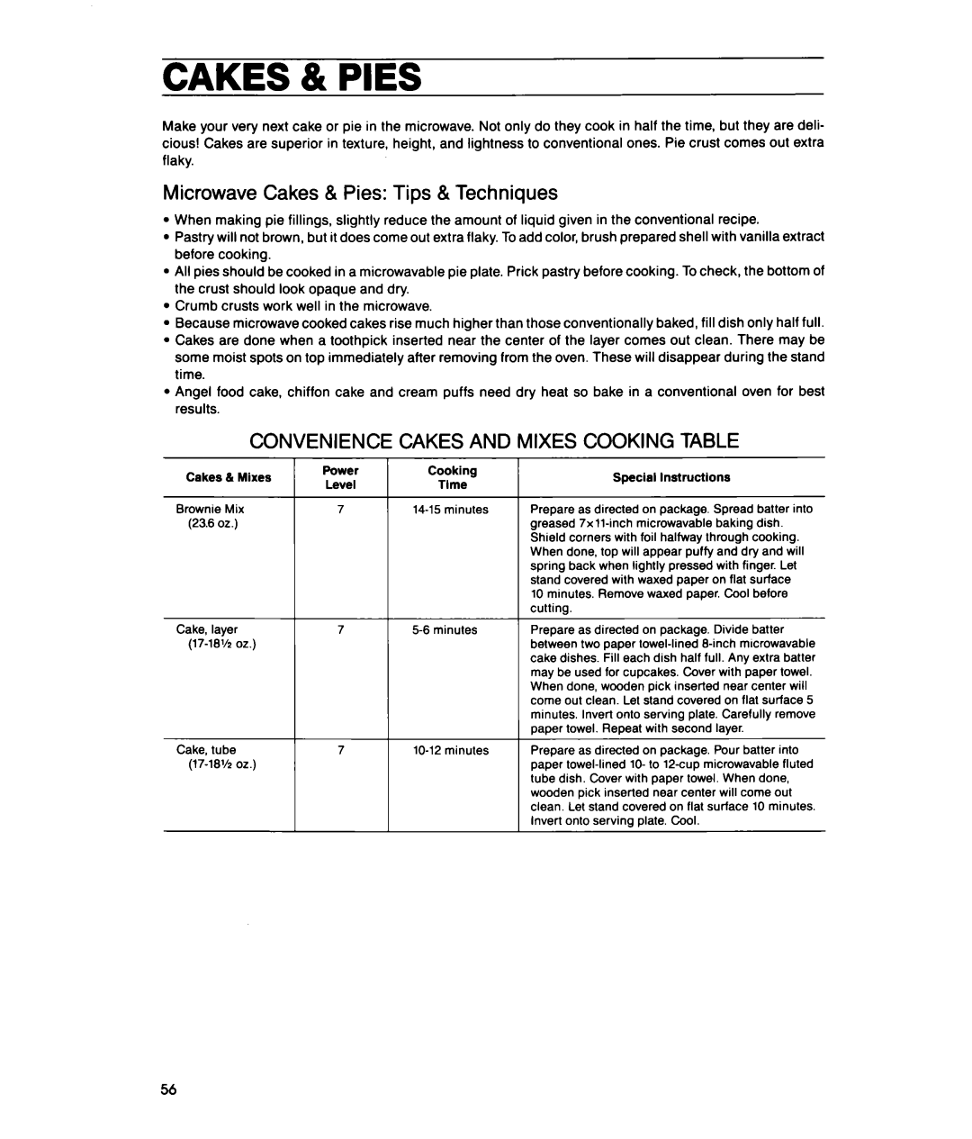 Whirlpool MTZ080XY user manual Microwave Cakes & Pies Tips & Techniques, Cakes and Mixes Cooking Table 