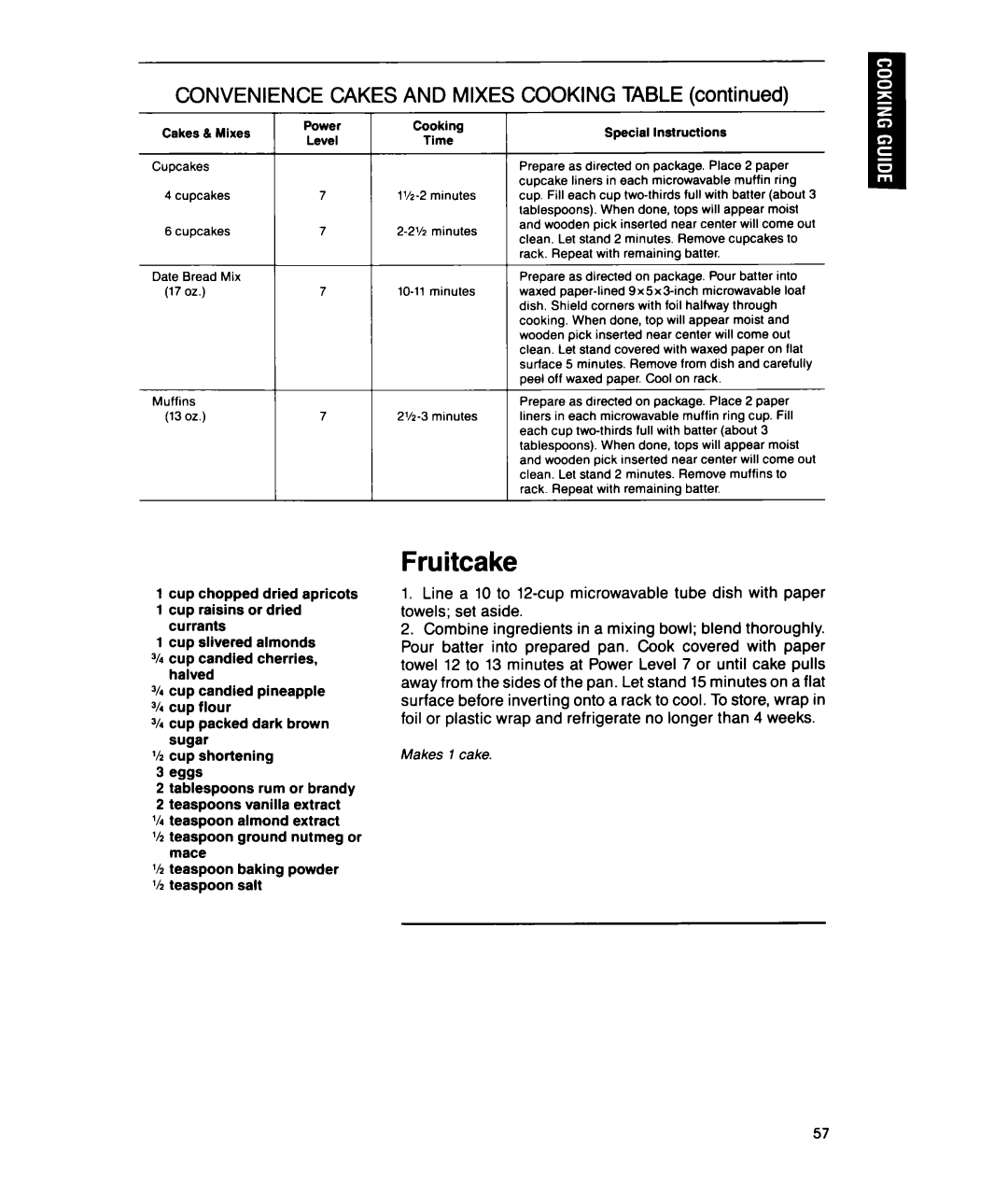 Whirlpool MTZ080XY user manual Fruitcake, Convenience Cakes and Mixes Cooking Table, Makes 1 cake 