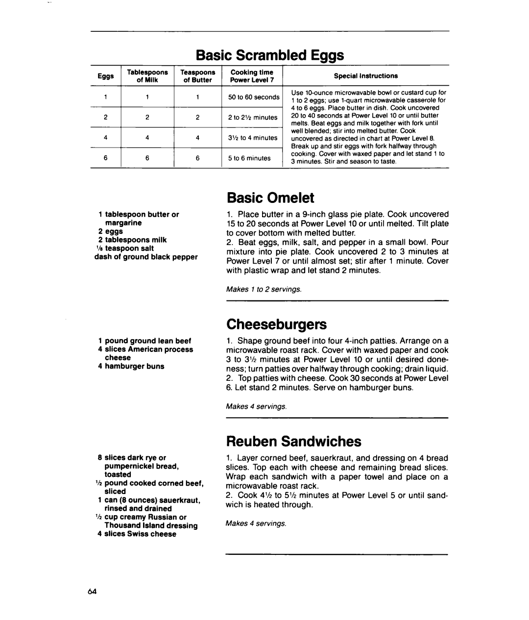 Whirlpool MTZ080XY user manual Eggs, Basic Omelet, Cheeseburgers, Reuben Sandwiches 