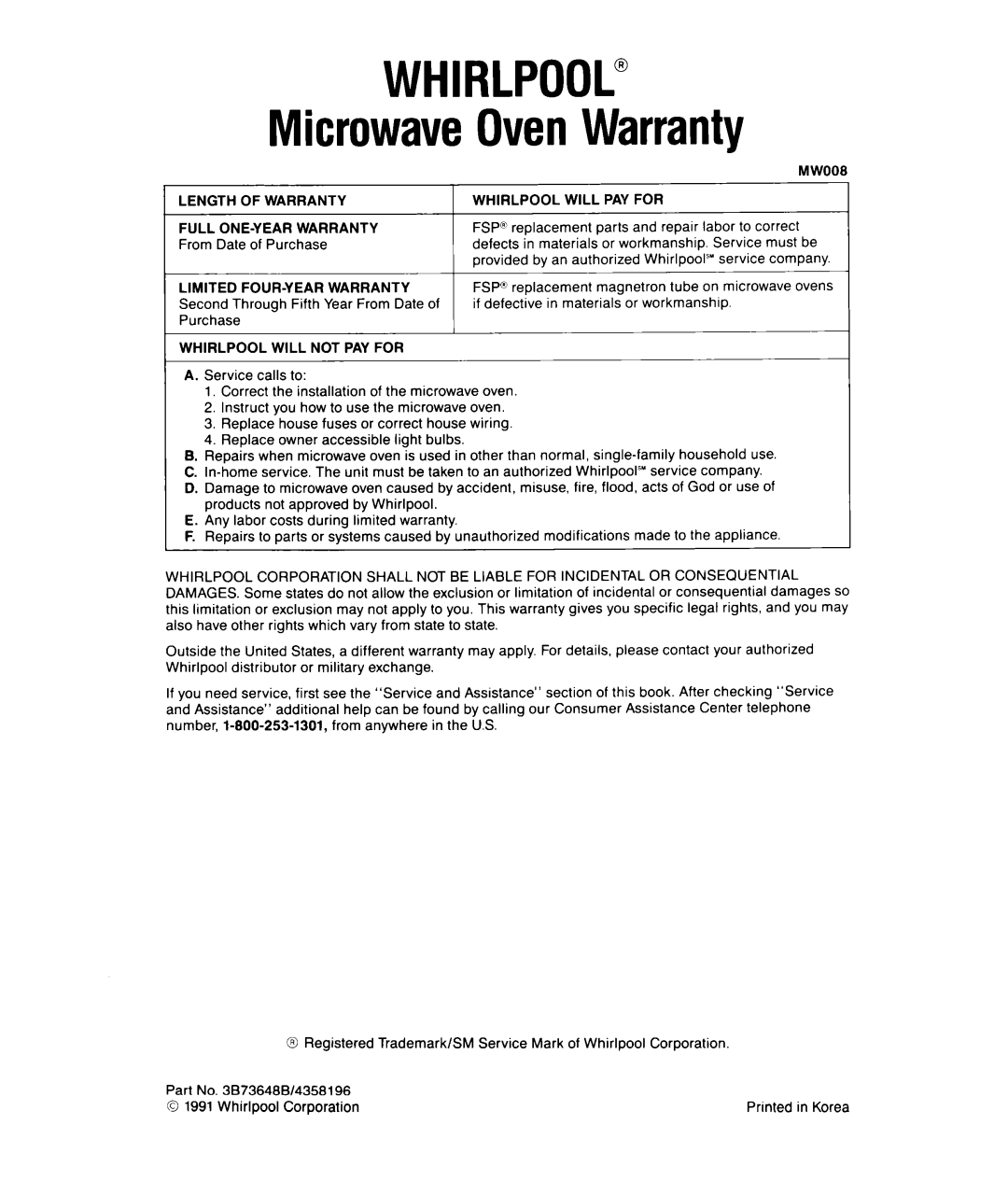 Whirlpool MTZ080XY user manual Parts Repair, From Date of Purchase, Provided by an authorized Whirlpool’ service company 