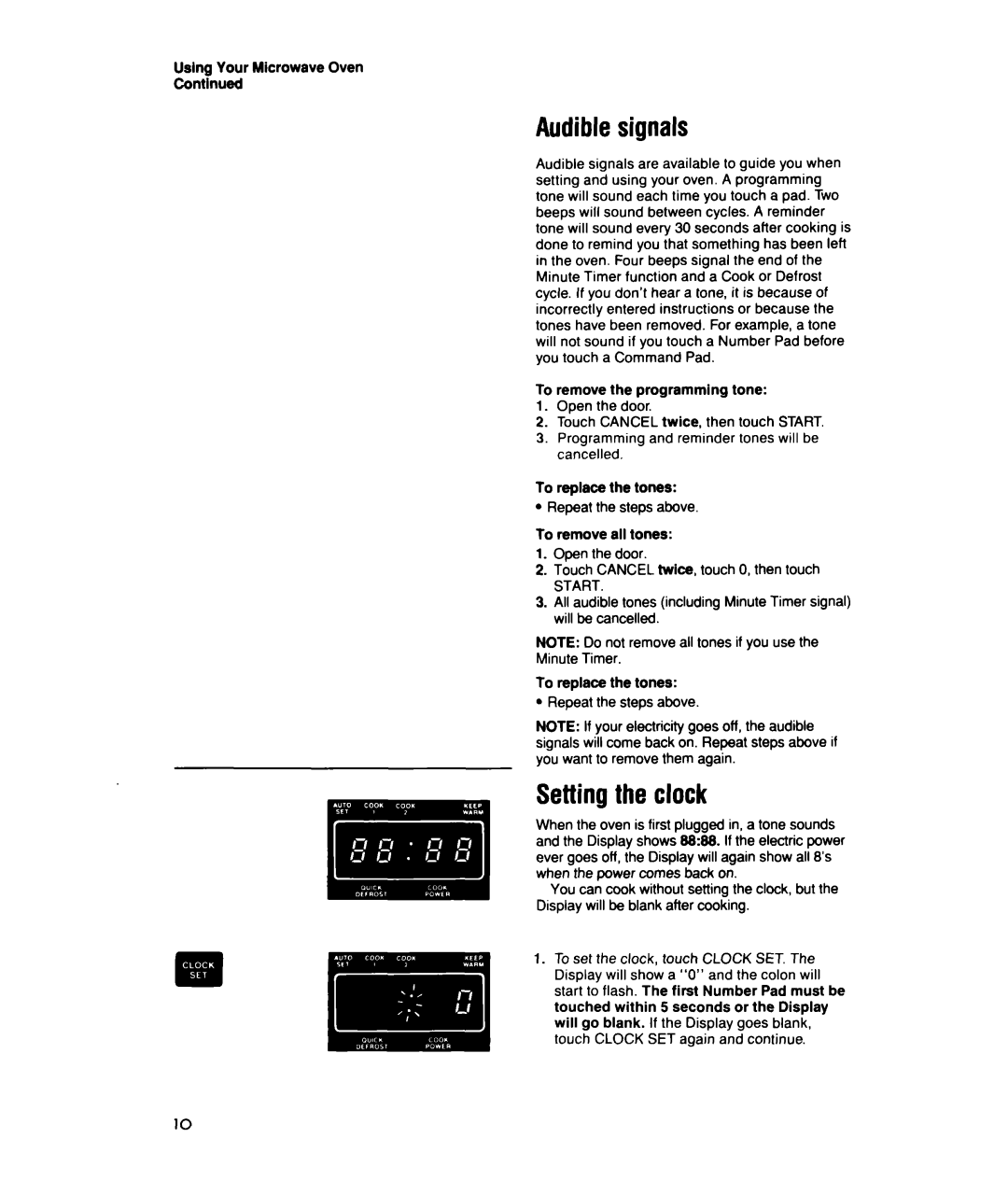Whirlpool MTZ080XY user manual Audible signals, Setting the clock 