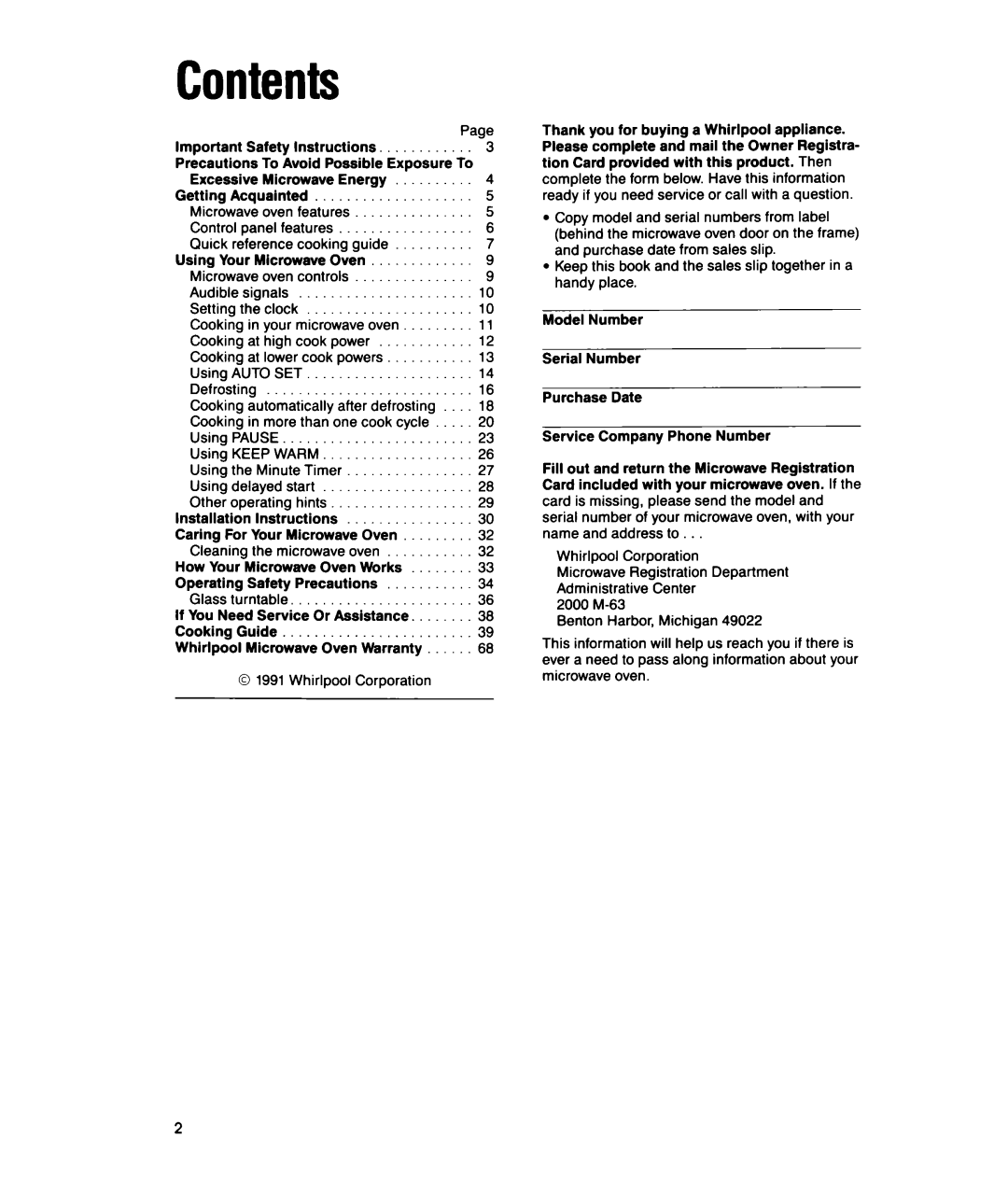 Whirlpool MTZ080XY user manual Contents 