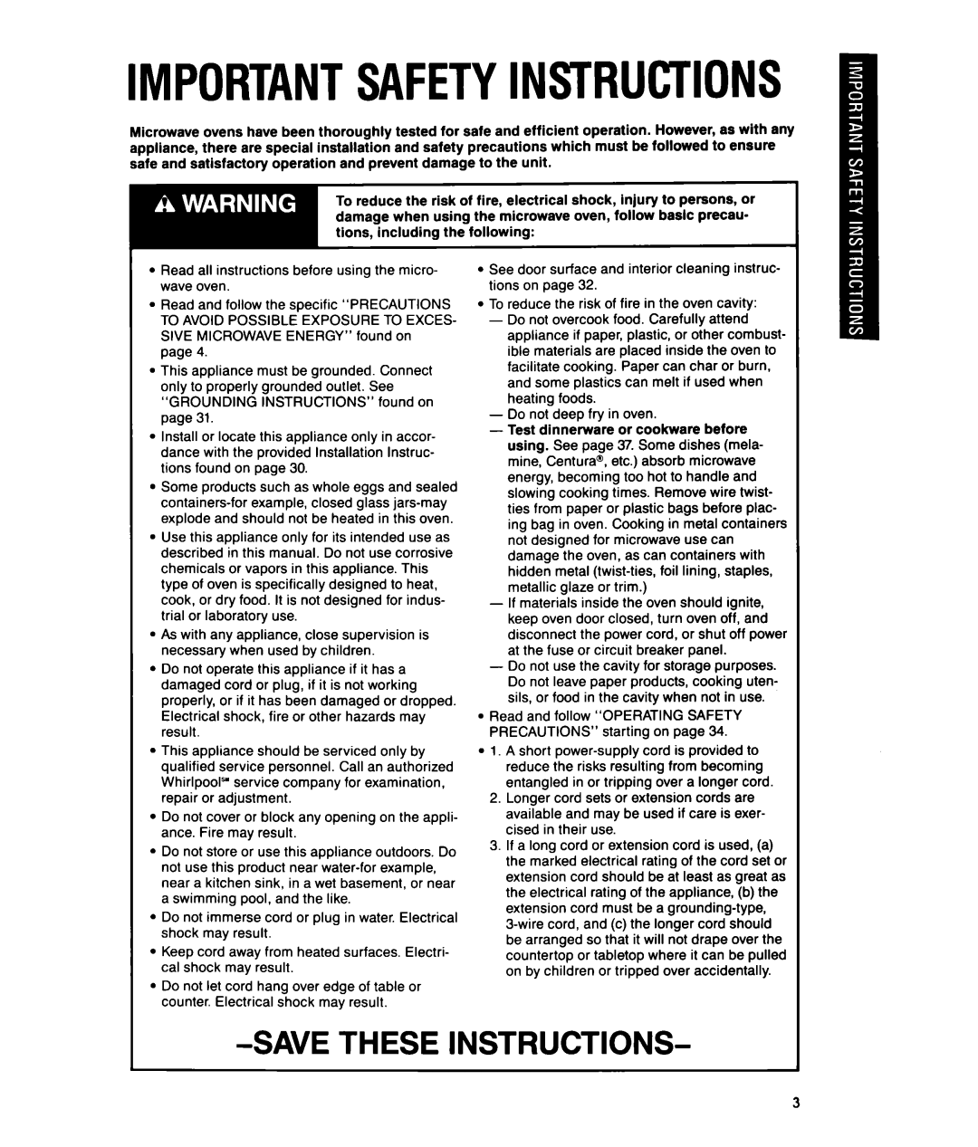 Whirlpool MTZ080XY user manual Importantsafetyinstructions, Savethese Instructions 