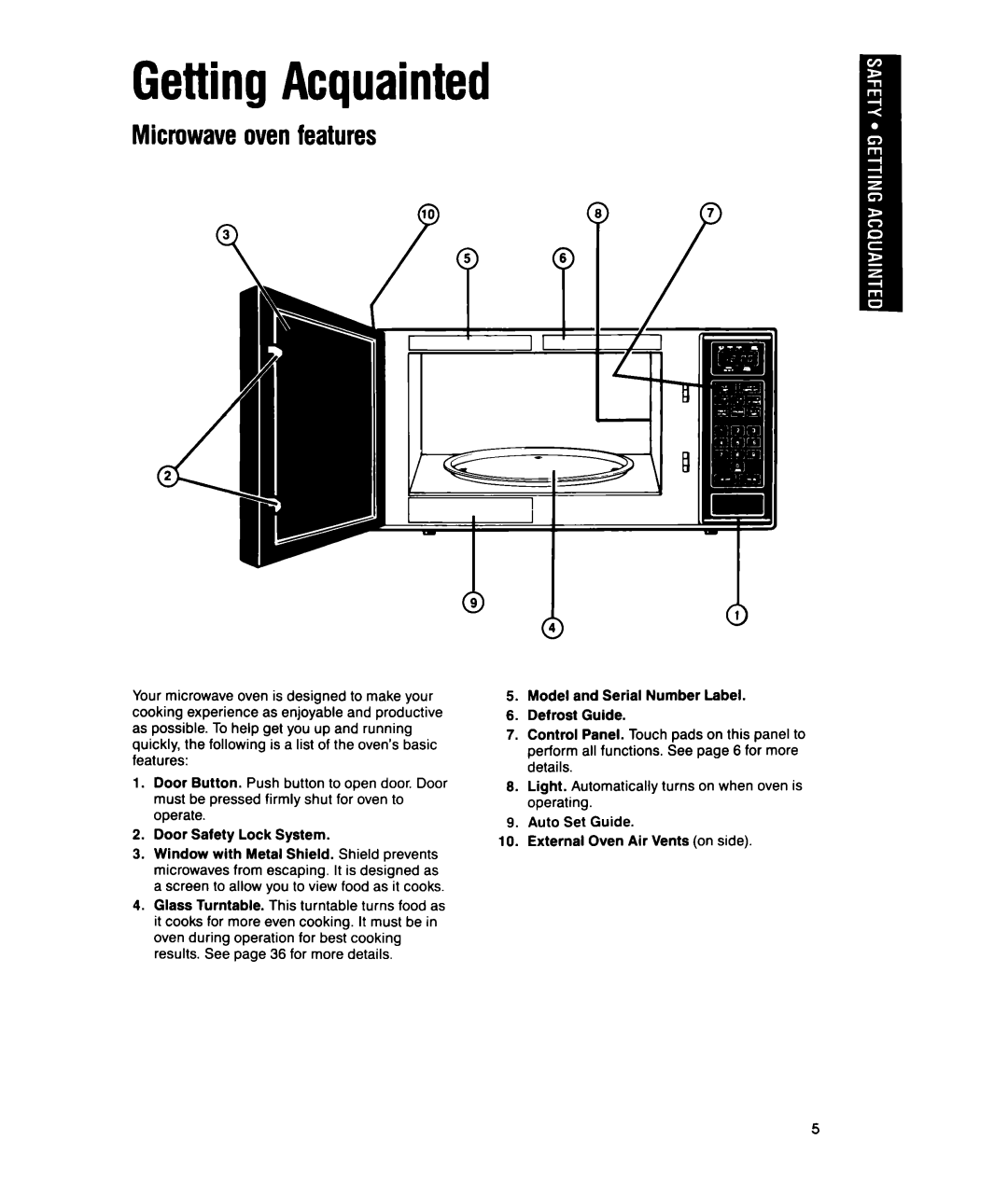 Whirlpool MTZ080XY user manual GettingAcquainted, Microwaveoven features 