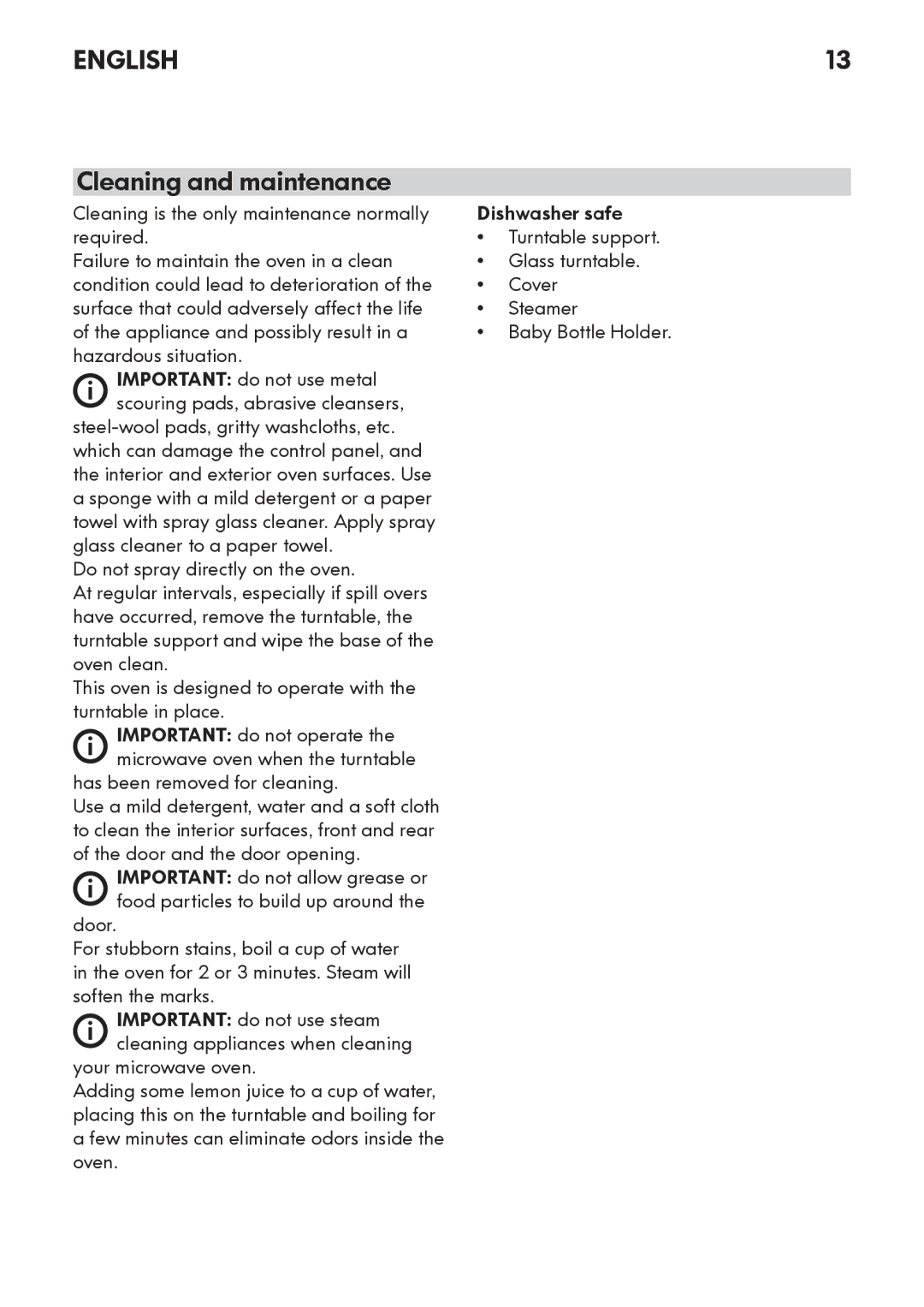 Whirlpool MW 3 manual Cleaning and maintenance 