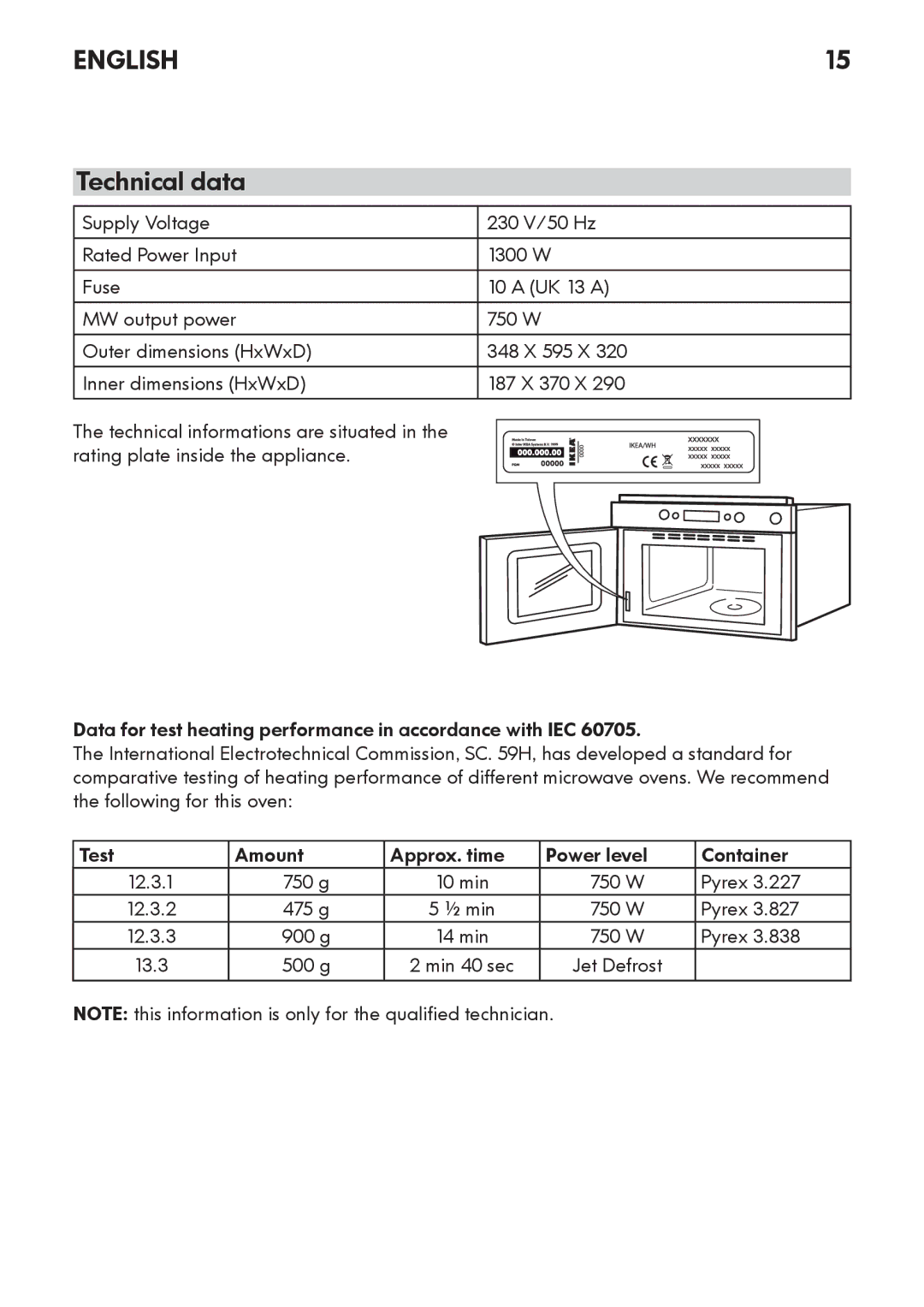 Whirlpool MW 3 manual Technical data, 750 g, Pyrex, 475 g, 900 g 