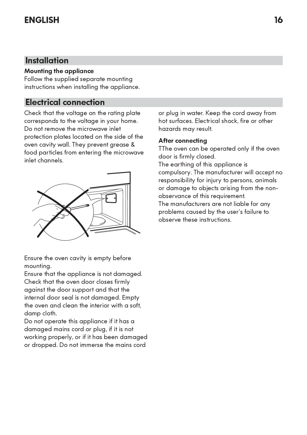 Whirlpool MW 3 manual Installation, Electrical connection, Mounting the appliance 