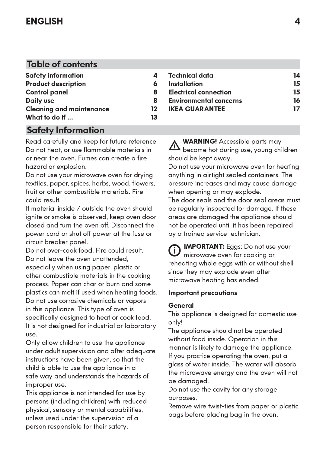 Whirlpool MW 3 manual Table of contents, Safety Information 