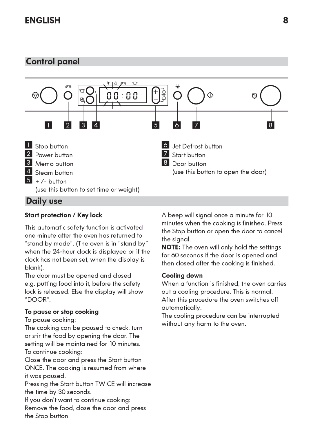 Whirlpool MW 3 manual Control panel, Daily use, + /- button Use this button to set time or weight 