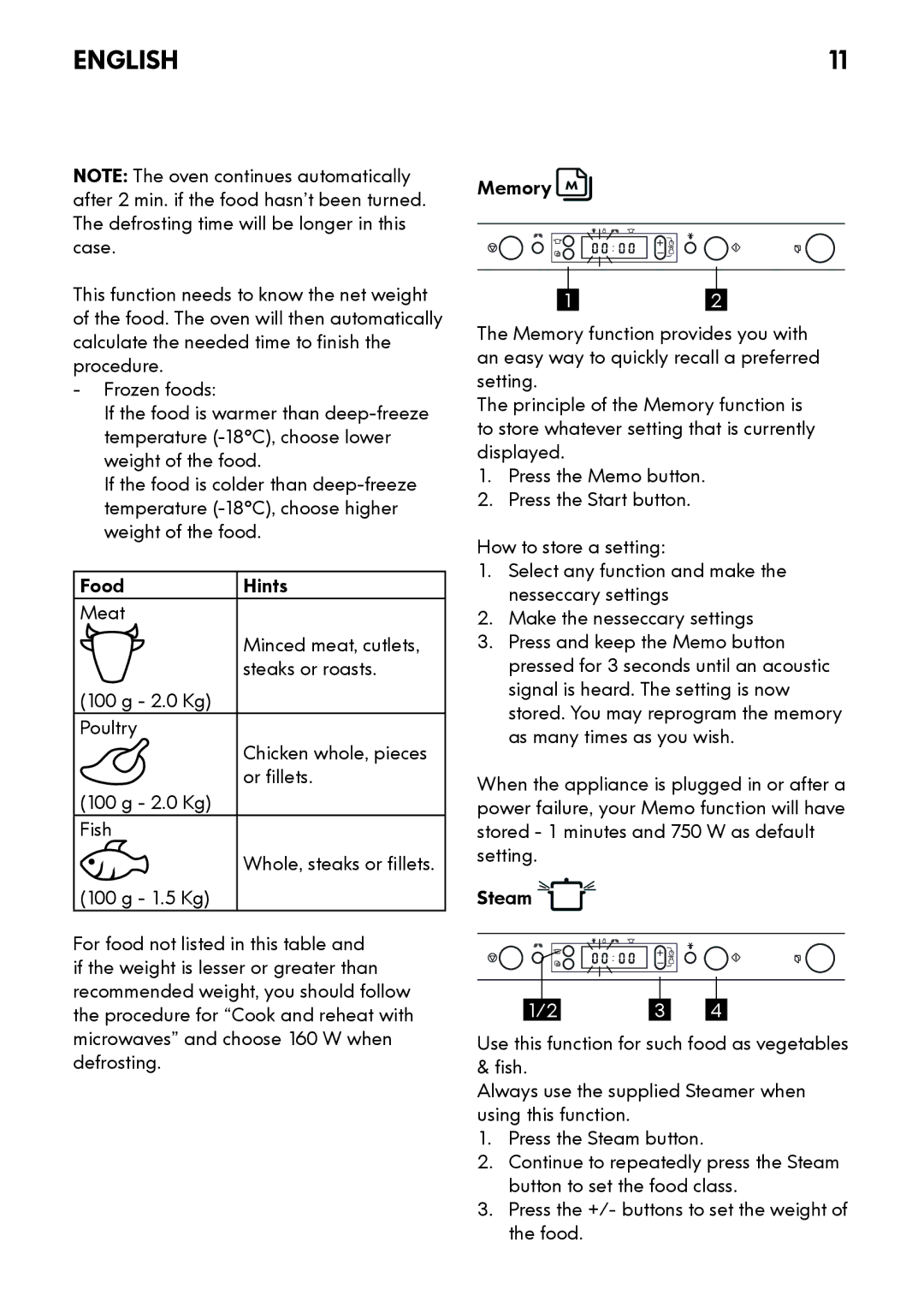 Whirlpool MW 3 manual Memory function provides you with, Kg Signal is heard. The setting is now, Poultry, Kg Or fillets 