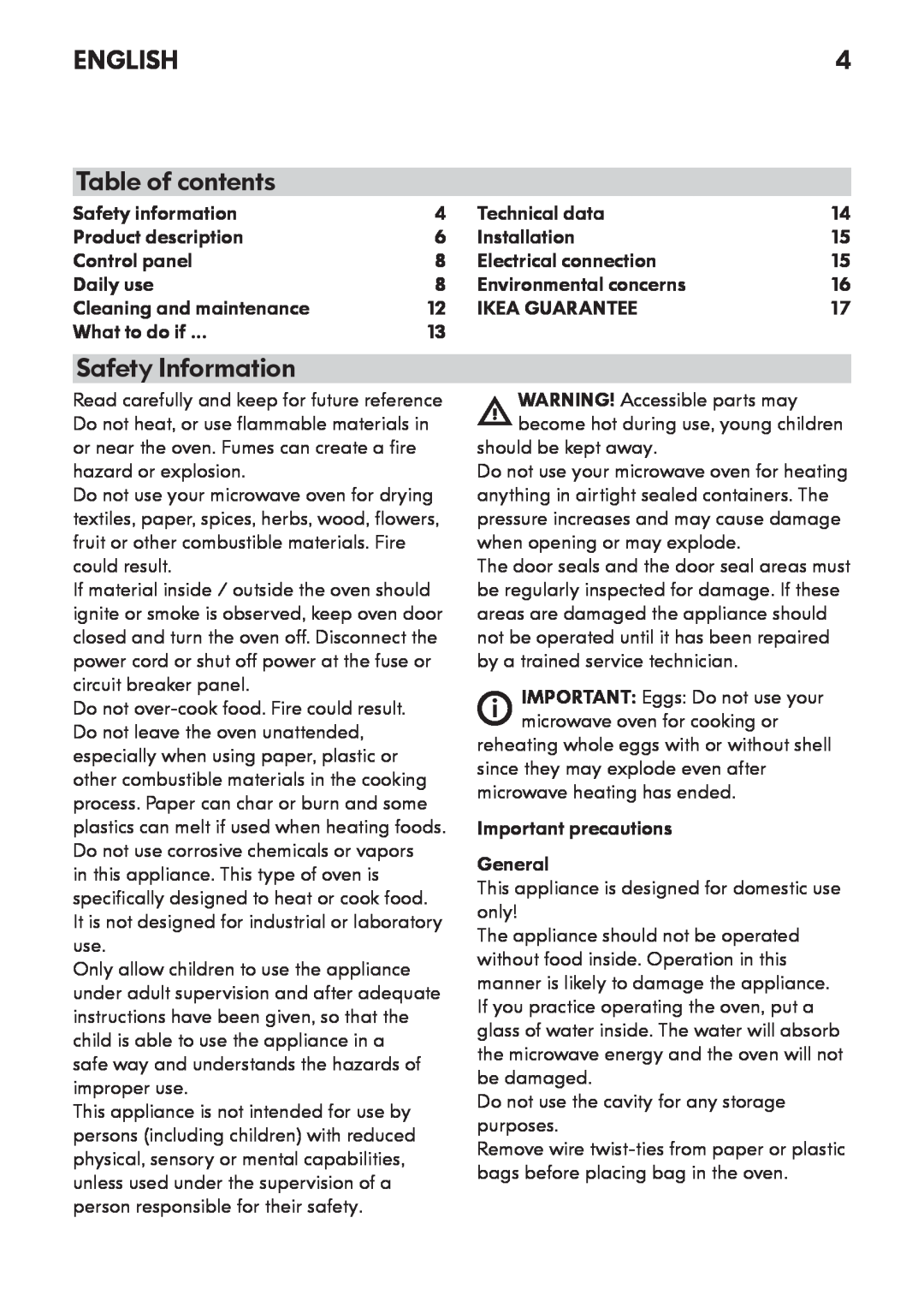 Whirlpool MW 3 manual ENGLISH Table of contents, Safety Information 