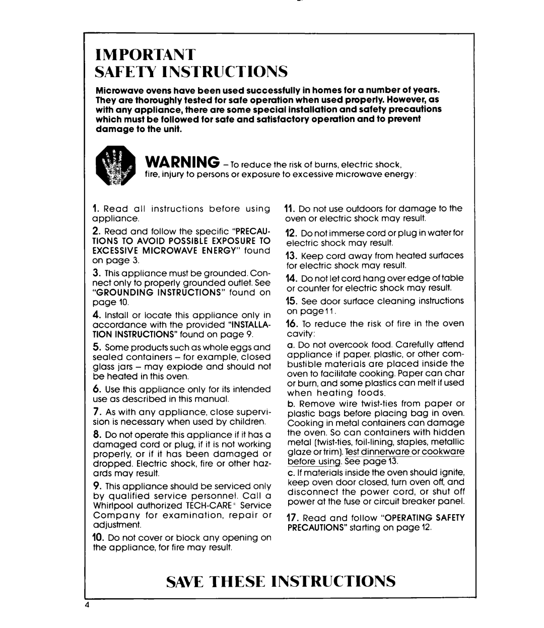Whirlpool MW1000XP manual Safety Instructions, Save These Instructions 