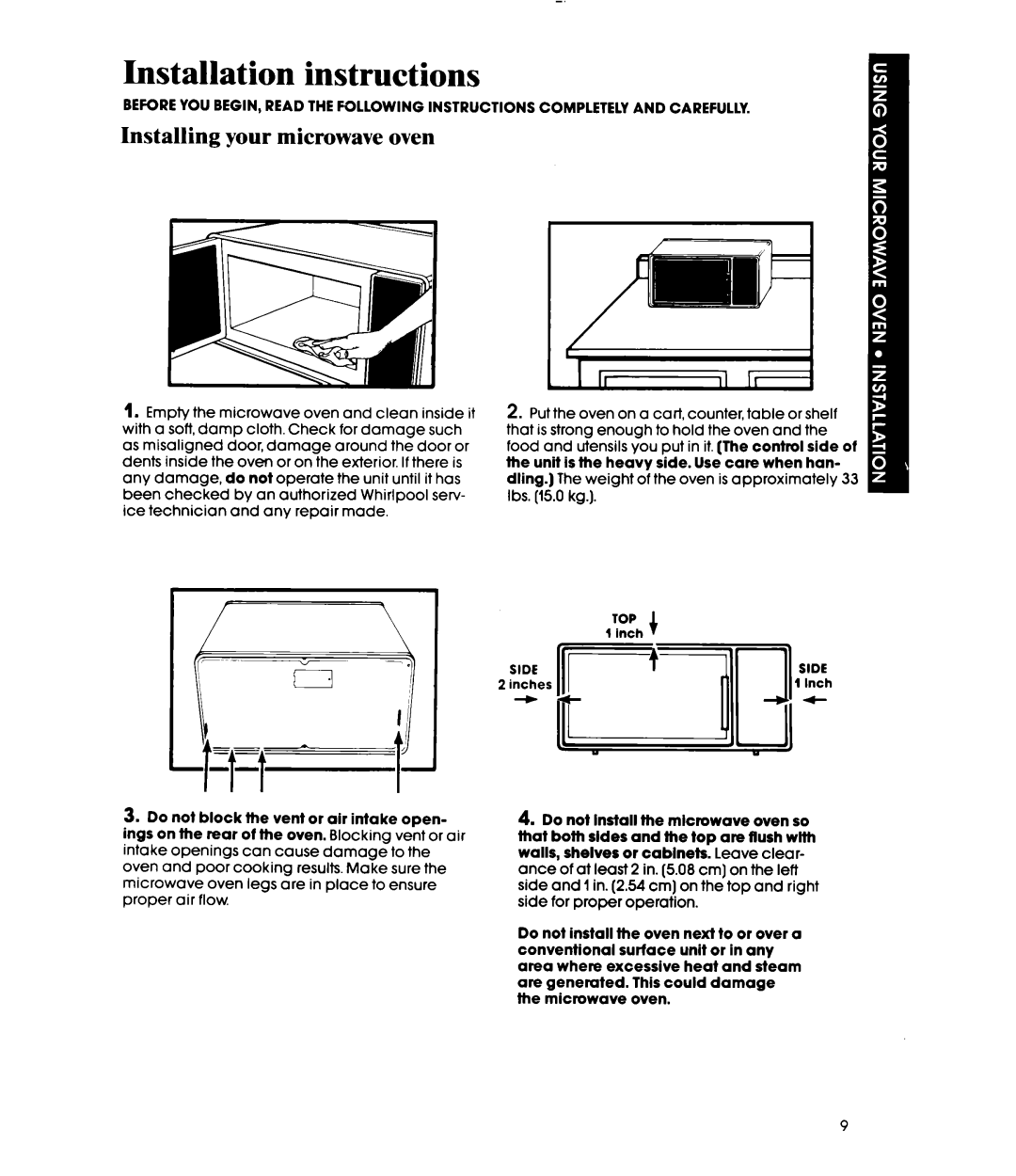 Whirlpool MW1000XP manual Installation instructions, Installing your microwave oven 