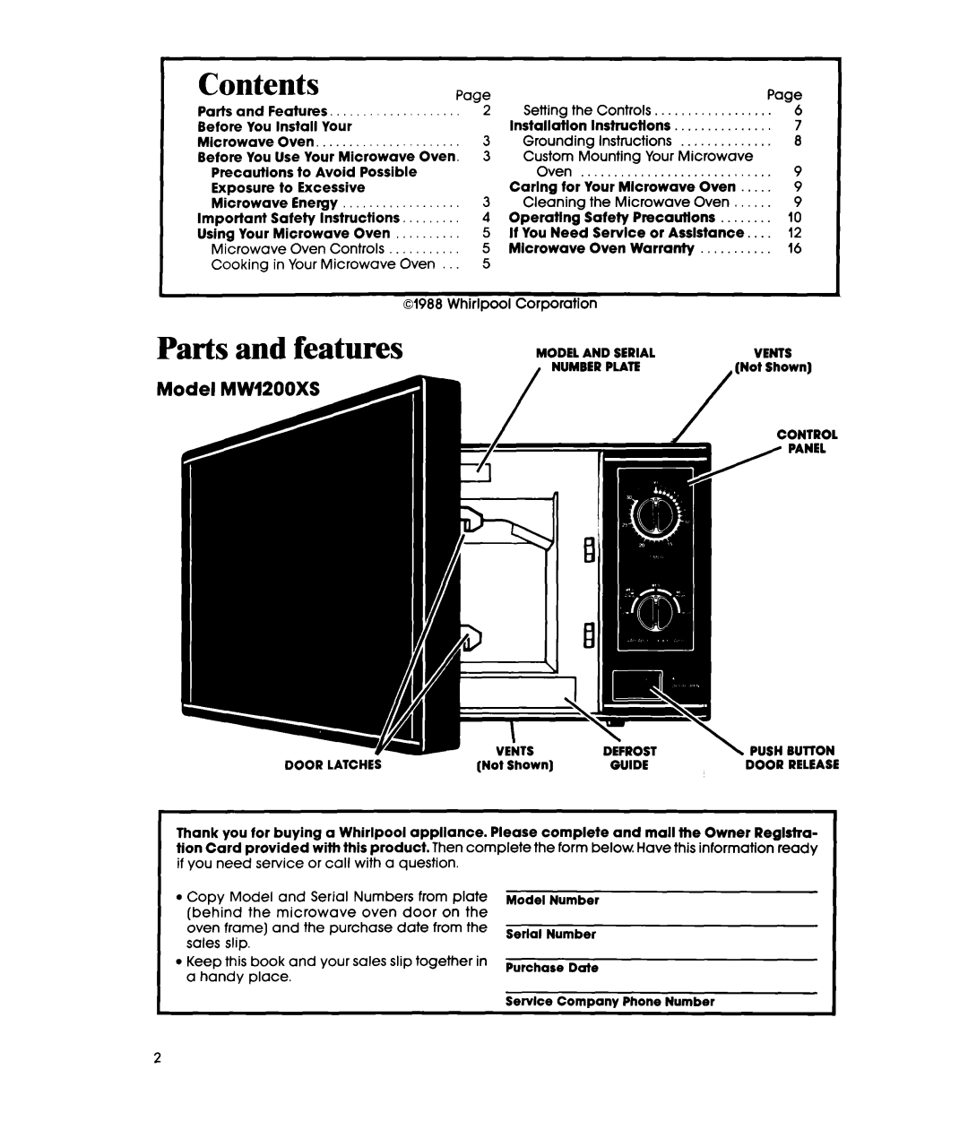 Whirlpool MW1200XS manual Contents 