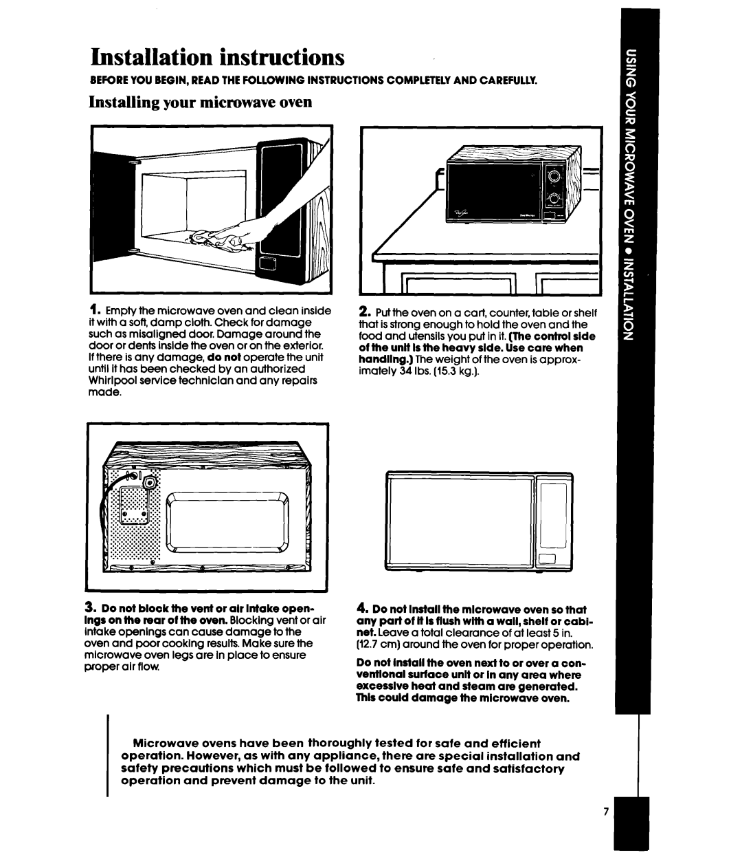 Whirlpool MW1200XS manual Installation instructions, Installing your microwave oven 