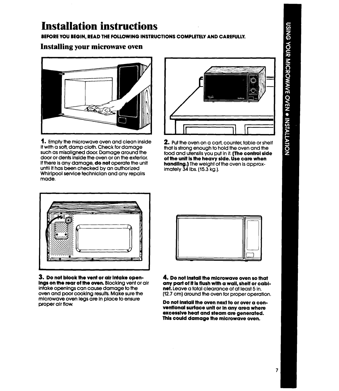 Whirlpool MW1200XS manual Installation instructions, Installing your microwave oven, 11II 