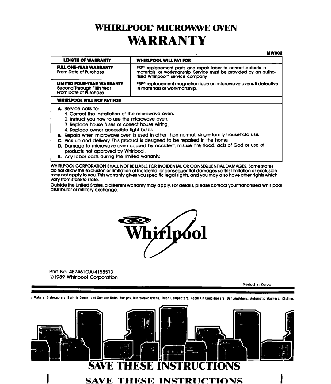 Whirlpool MW1200XW manual Warranty, MWOOi 