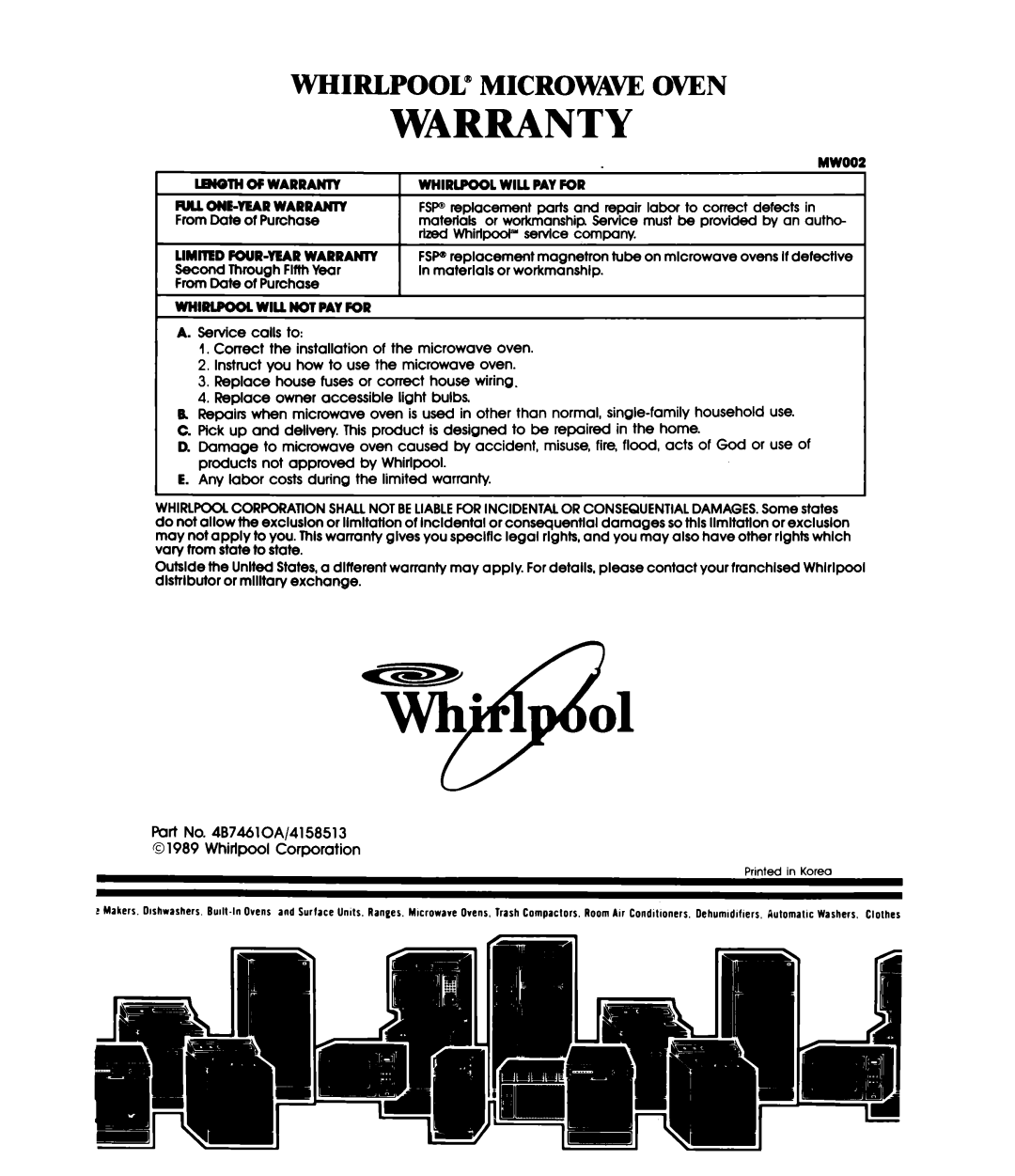 Whirlpool MW1200XW manual Warranty, MWOOi, l.W@THOFWARRANTY, Whirlpool” Microwa~ Oven 