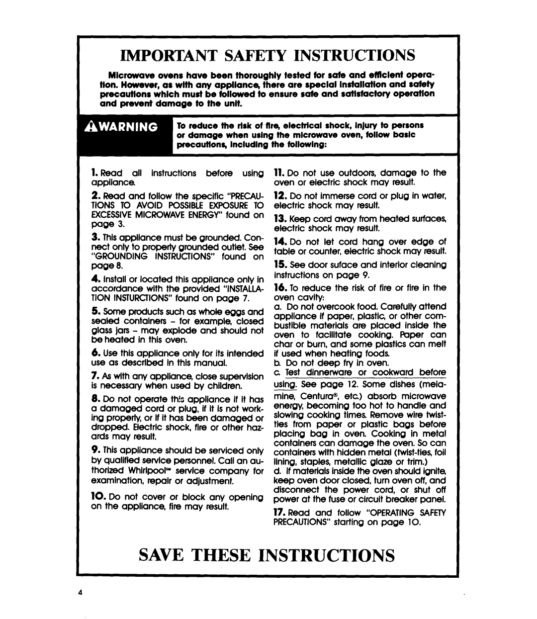 Whirlpool MW1200XW manual Save These Instructions, Important Safety Instructions 