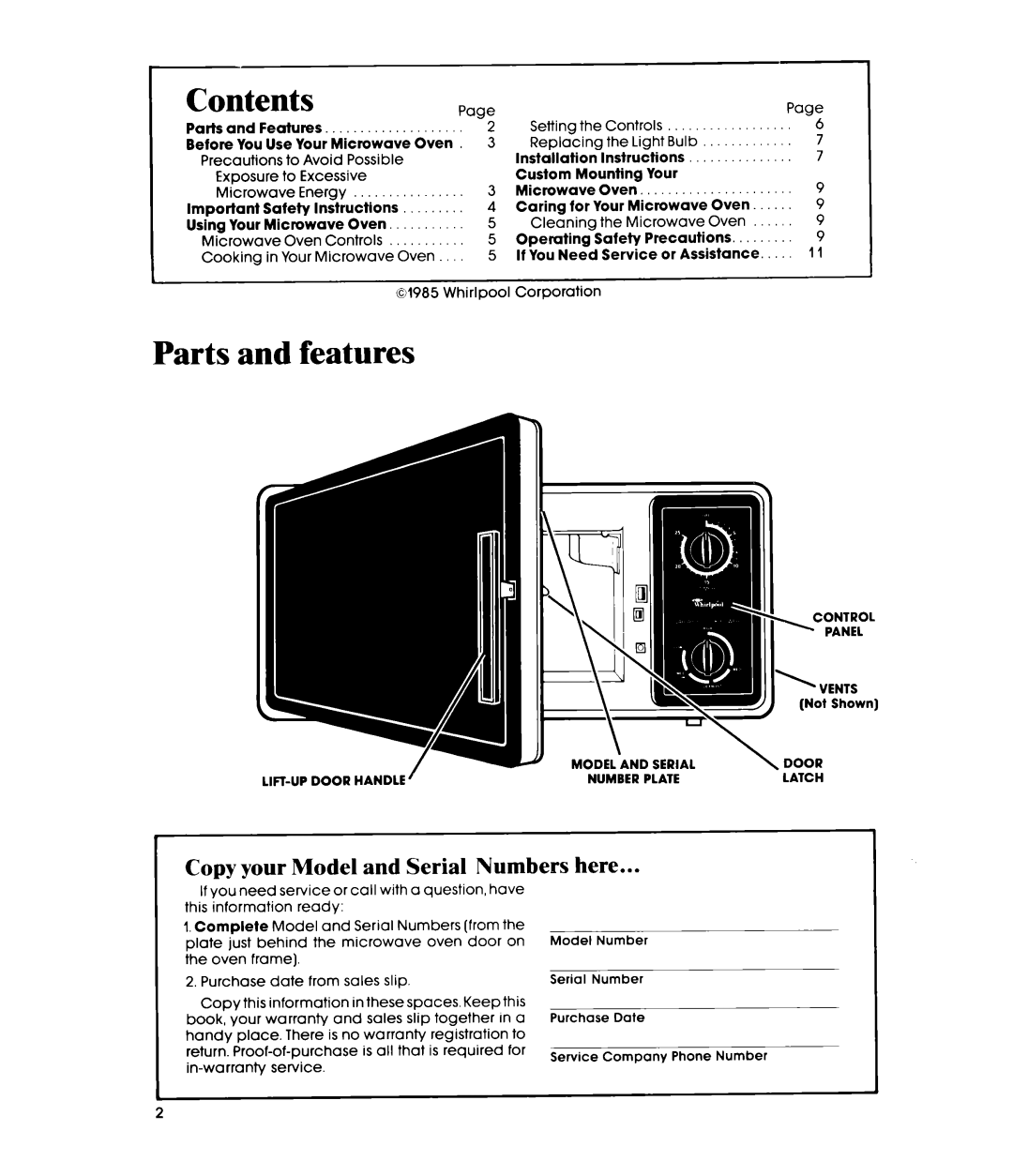 Whirlpool MW120EXP, MW1200XP manual Contents, Parts and features 