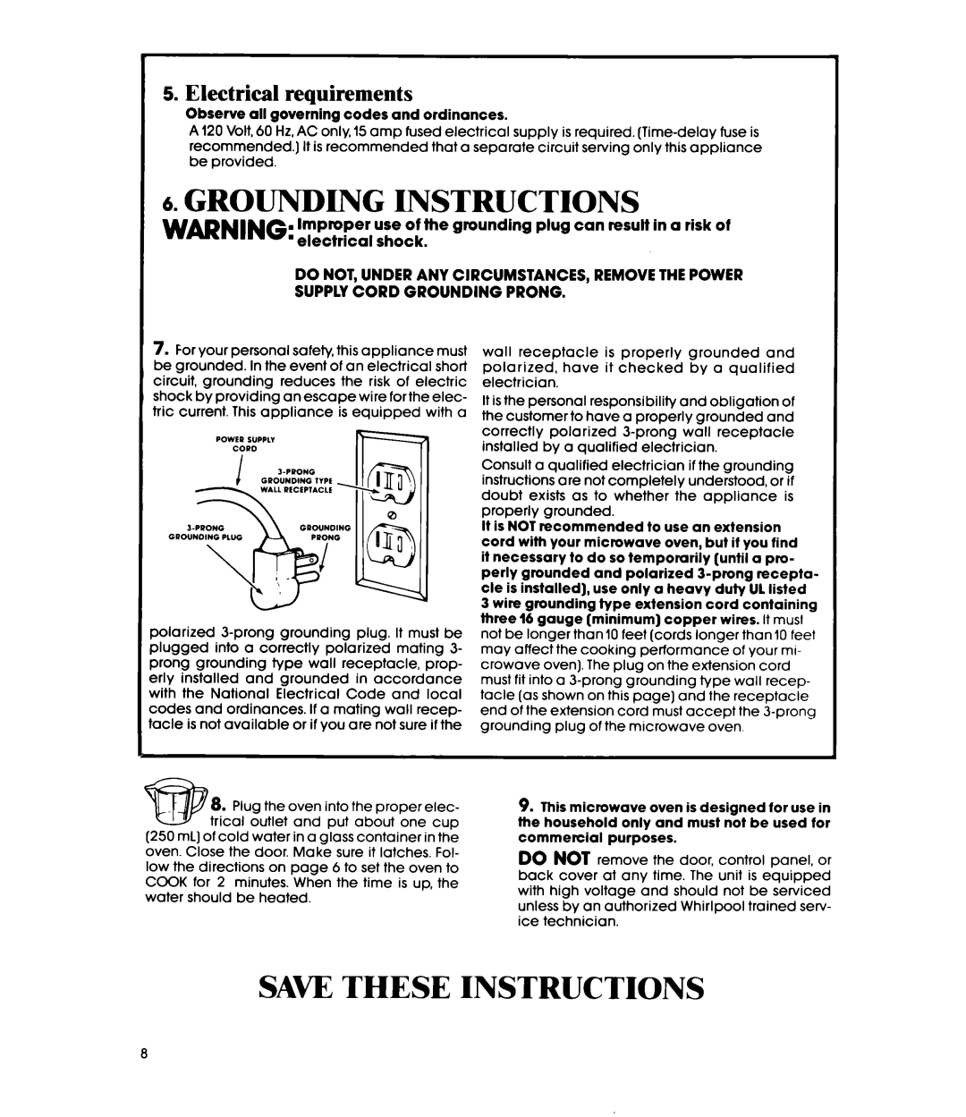 Whirlpool MW120EXP, MW1200XP manual Grounding Instructions, Electrical requirements 