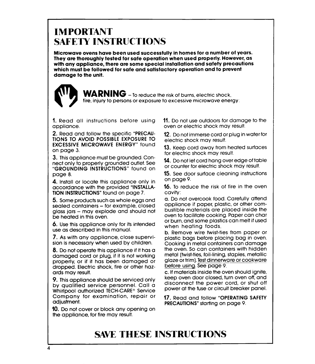 Whirlpool MW120EXP, MW1200XP manual Safety Instructions, Save These Instructions 