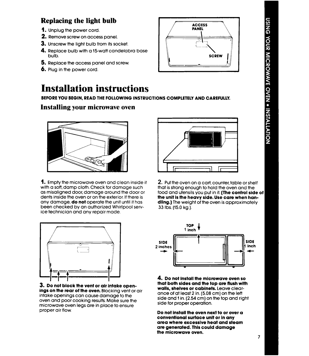 Whirlpool MW1200XP, MW120EXP manual Installation instructions, Replacing the light bulb, Installing your microwave oven 