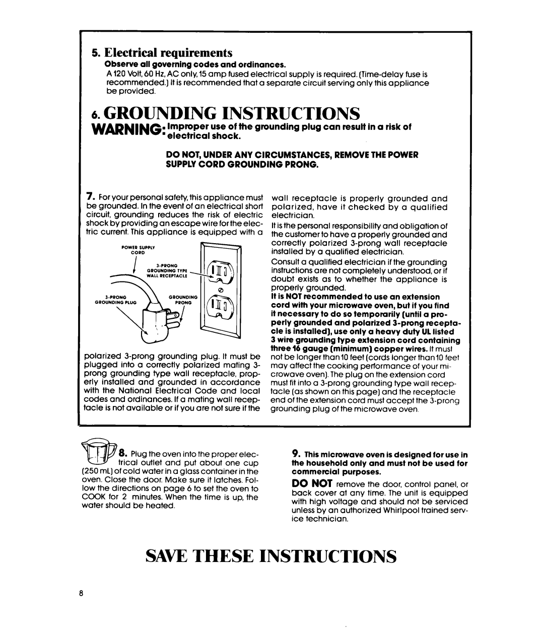 Whirlpool MW120EXP Grounding Instructions, Save These Instructions, Electrical requirements, Improper, ’ electrical, shock 