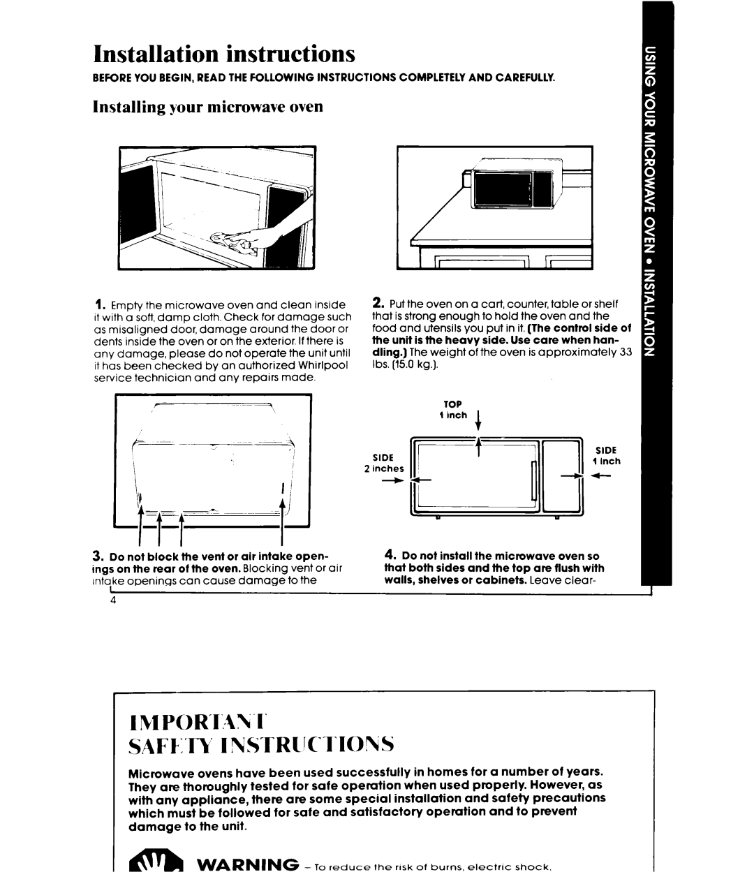 Whirlpool MW1500XP manual Installation instructions, Installing your microwave oven 