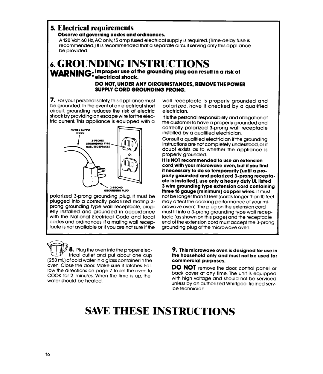 Whirlpool MW1500XP manual Grounding Instructions 