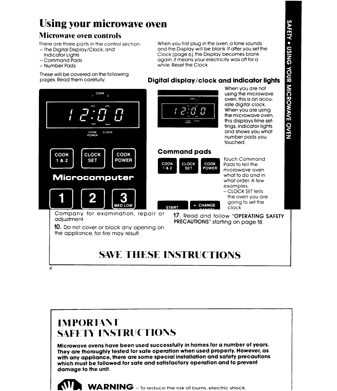 Whirlpool MW1500XP Oven, Microwave oven controls, Digital display/clock and indicator lights, Command pads, Number pads 