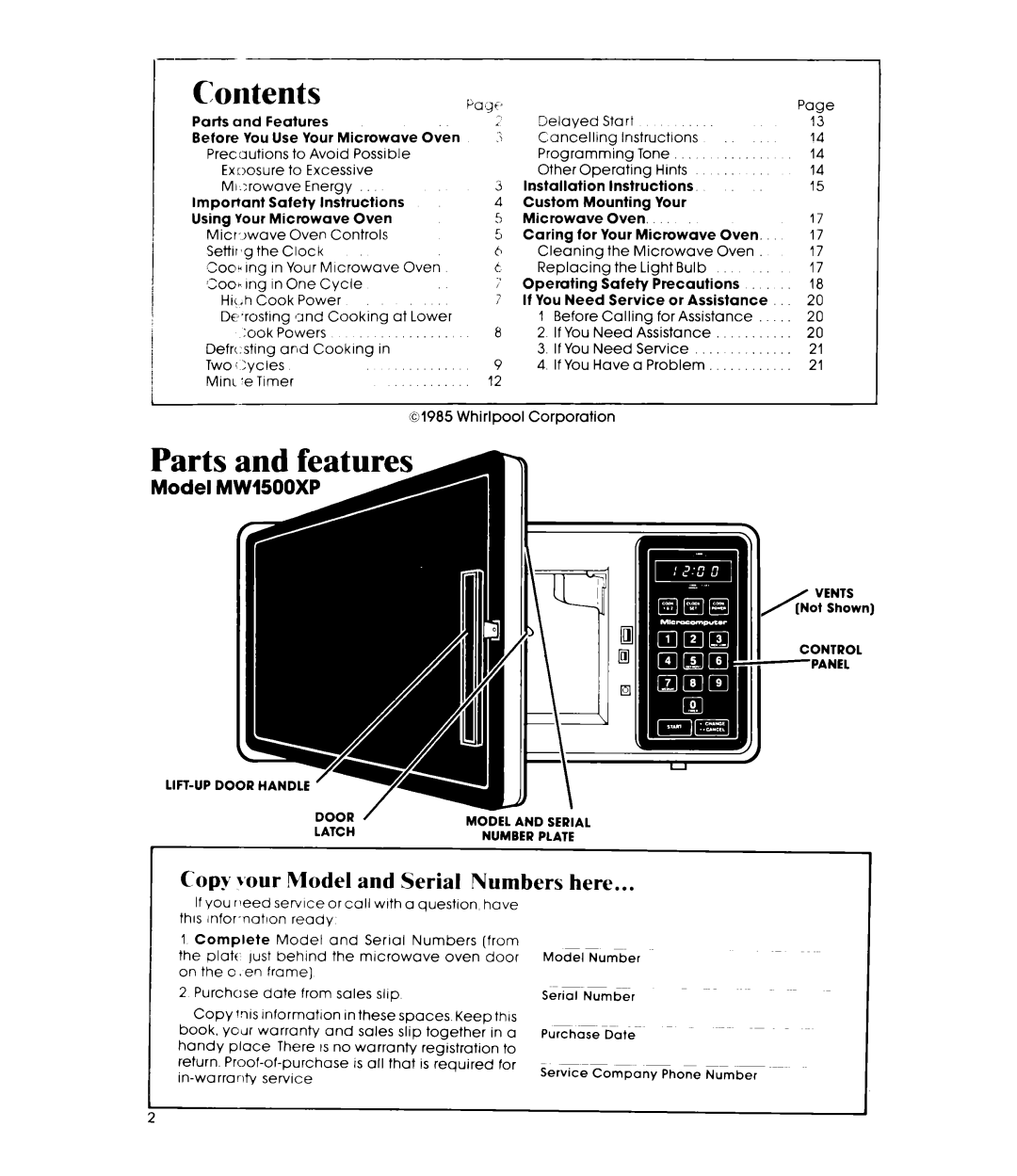 Whirlpool MW1500XP manual Part S, Contents, Copy b’our Model and Serial Numbers here, Model IM 