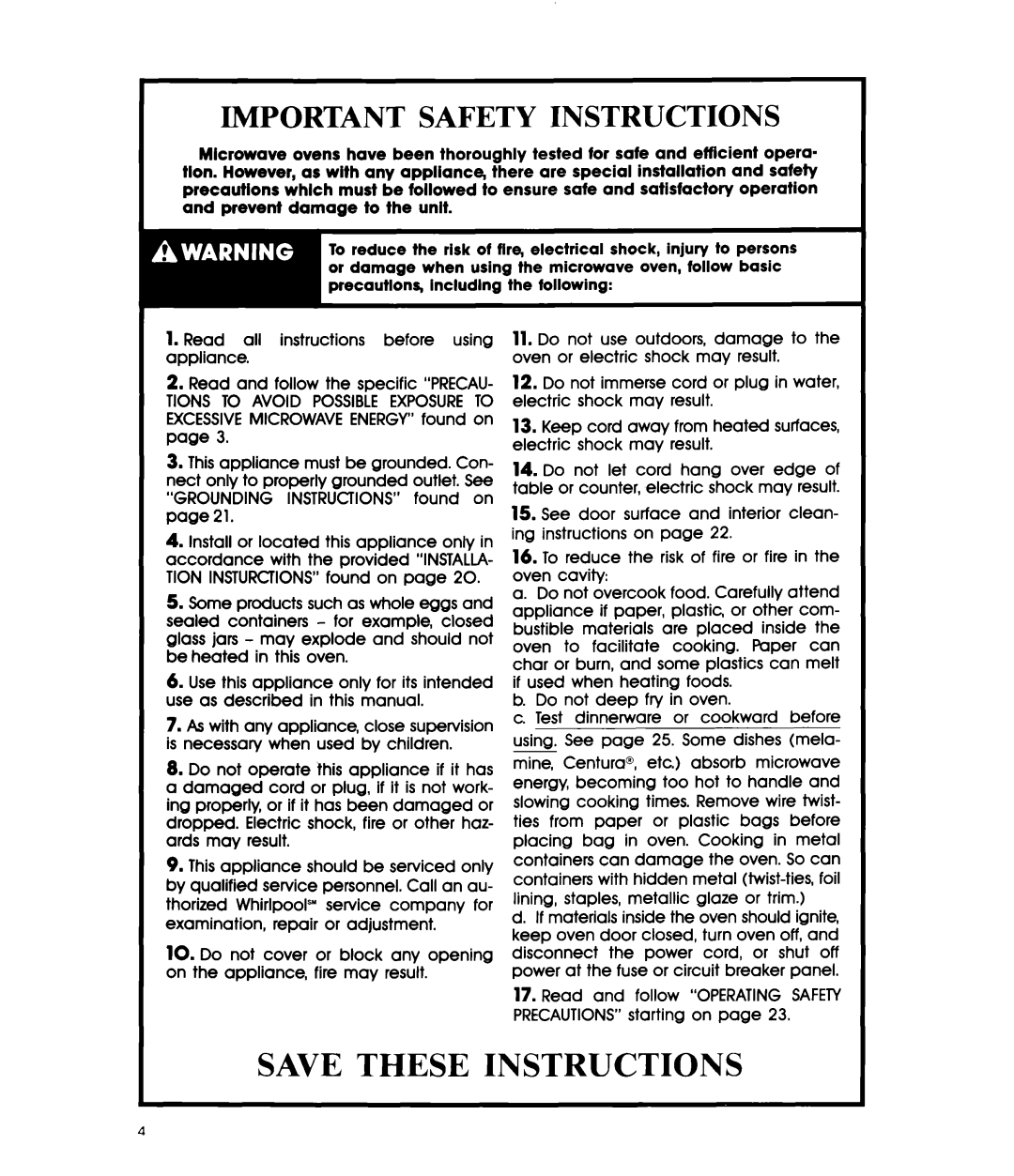 Whirlpool MW1500XW, MWISOIXW manual Important Safety Instructions 