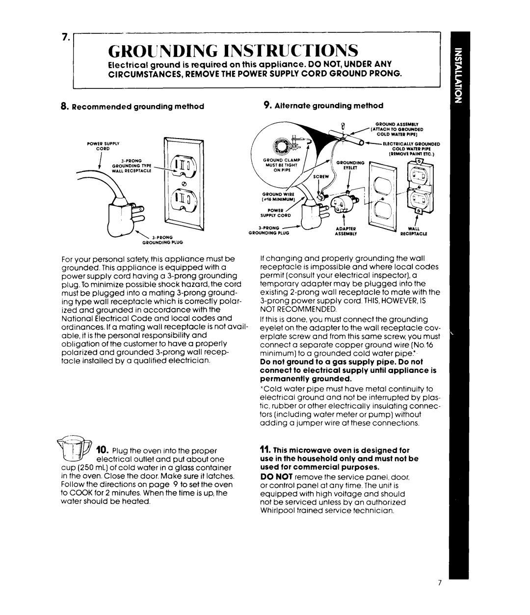 Whirlpool MW3000XM manual Ghounding Instructions 