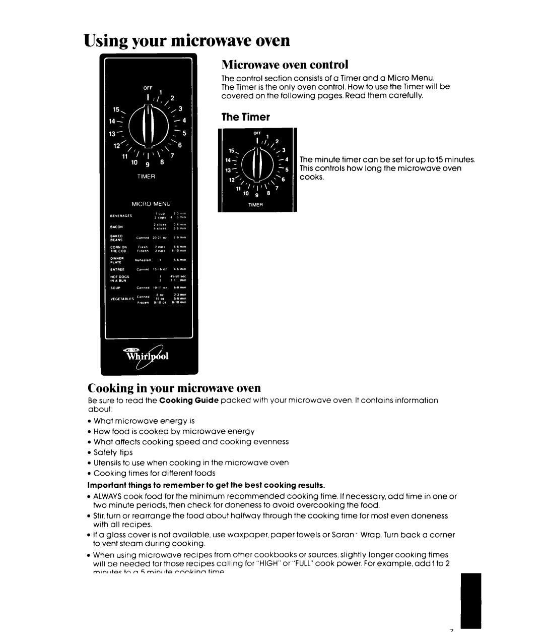 Whirlpool MW3000XM manual Using your microwave oven, Microwave oven control, Cooking in your microwave oven 