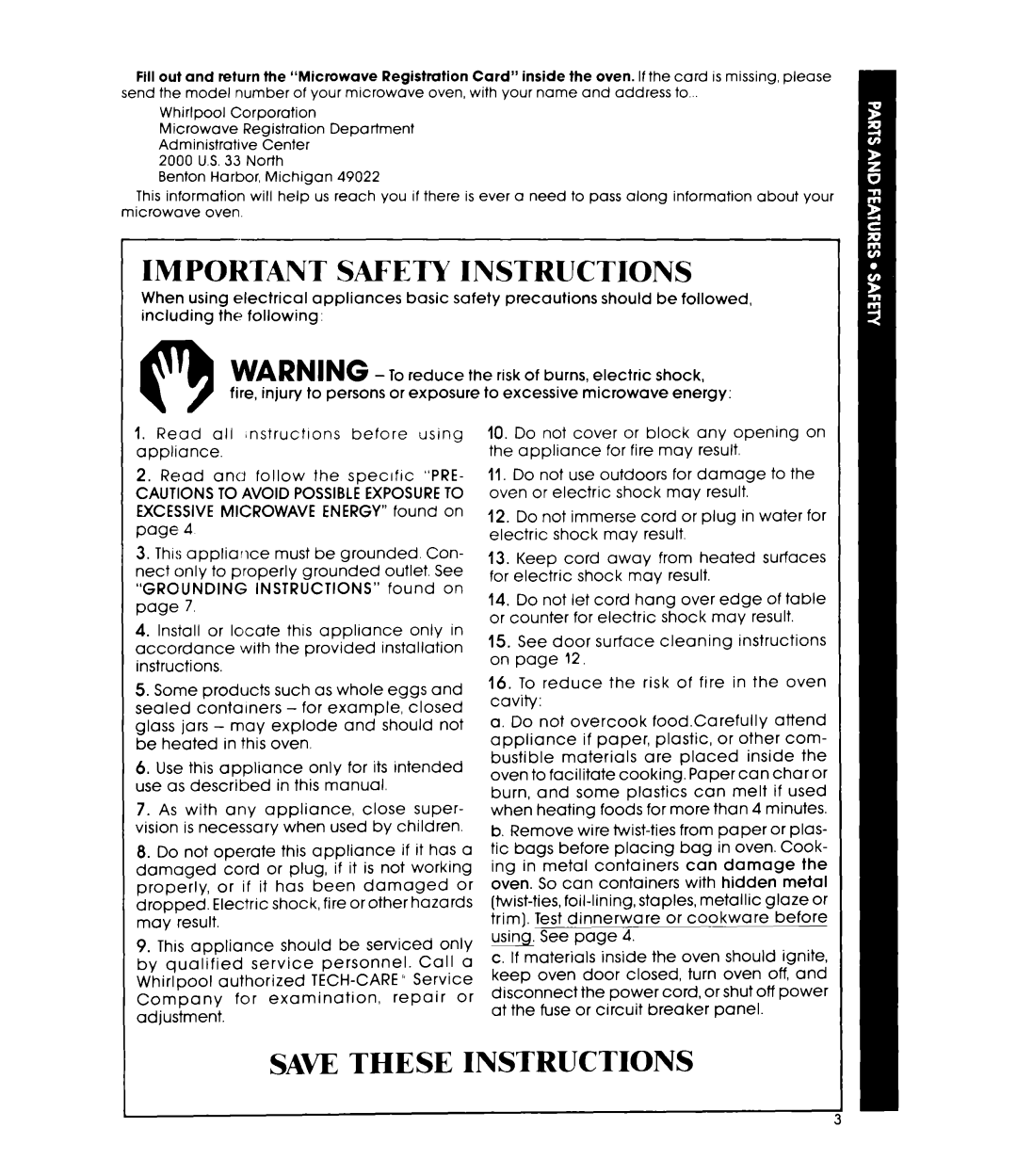 Whirlpool MW3000XM manual Important Safety Instructions, Saw These Instructions 