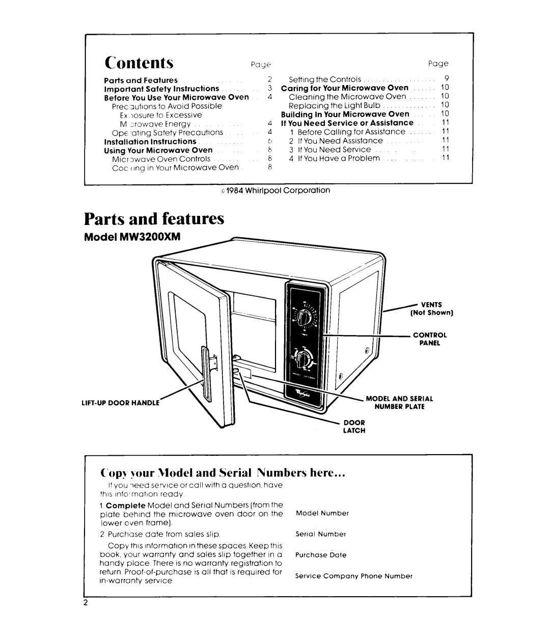 Whirlpool MW3200XM manual Contents, Parts and features, C‘op~,your Model and Serial Numbers here, Model MW---‘ 