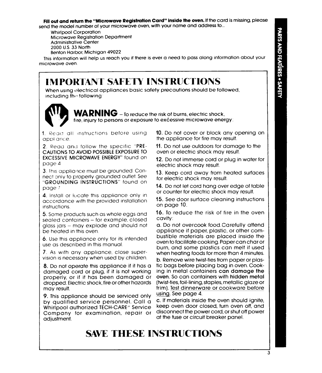 Whirlpool MW3200XM manual Impoktant Safety Instructions, WARNING - To reduce, Saw These Instructions 