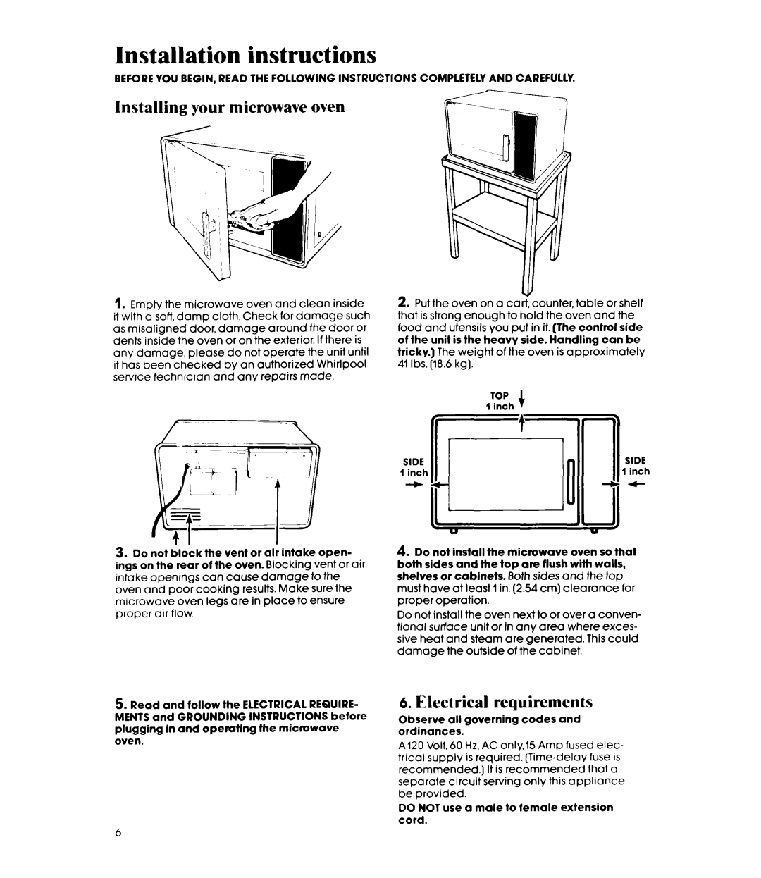Whirlpool MW3200XM manual Installation instructions, Installing your microwave oven, Electrical requirements 
