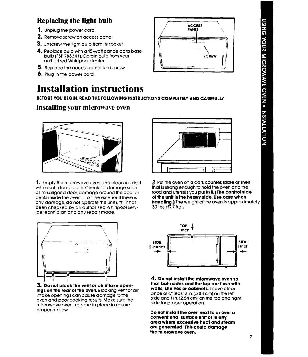 Whirlpool MW3200XP manual Installation instructions, Light bulb, Installing your microwave oven 
