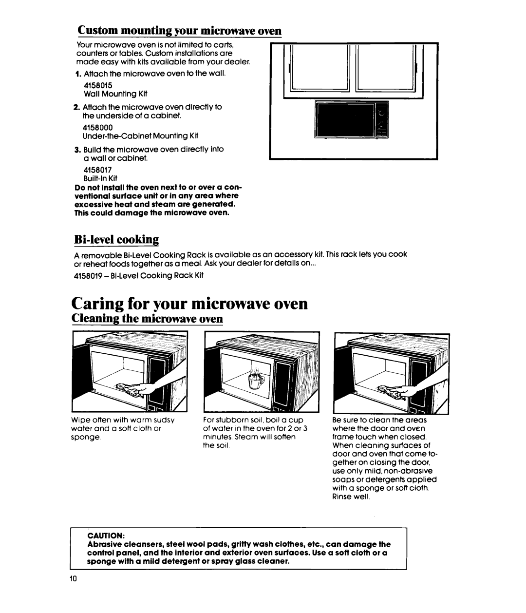 Whirlpool MW32OOXS manual Caring for your microwave oven, Custom mounting your microwave oven, Bi-level cooking 