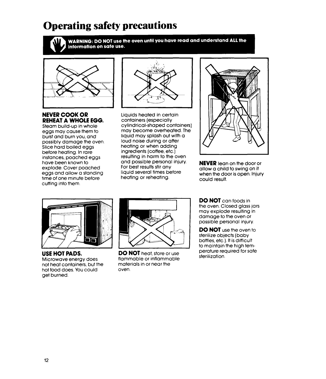 Whirlpool MW32OOXS manual Operating safety precautions, Never Cook or Reheat a Whole EGG 