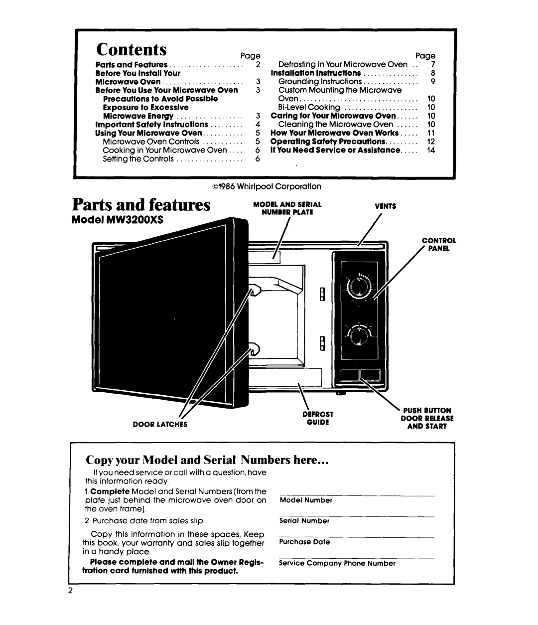 Whirlpool MW32OOXS manual Contents 