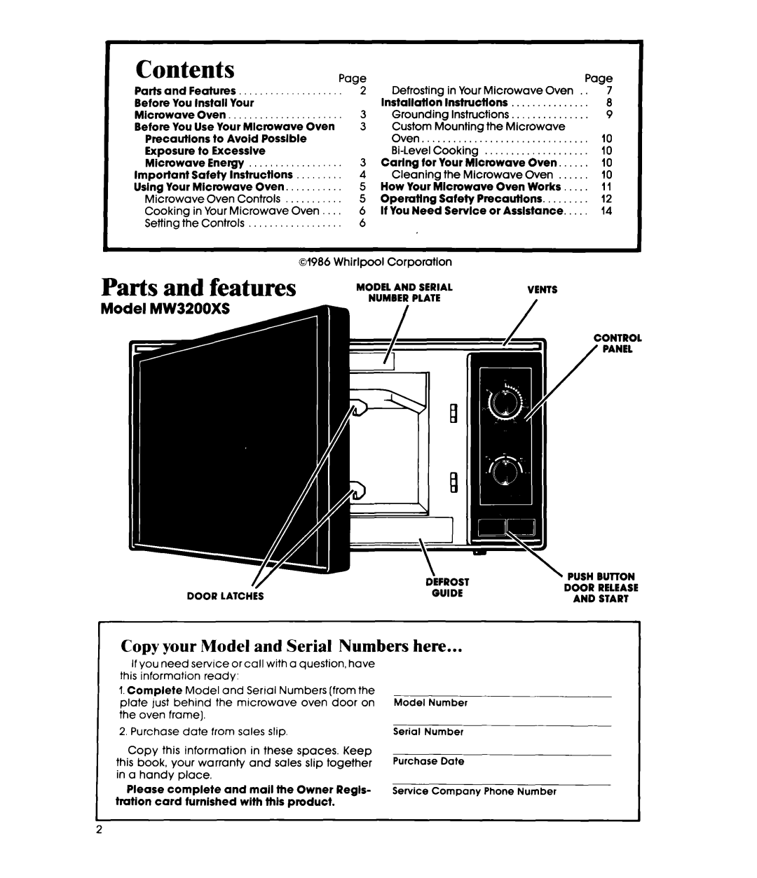 Whirlpool MW32OOXS manual Contents, Copy your Model and Serial Numbers here 