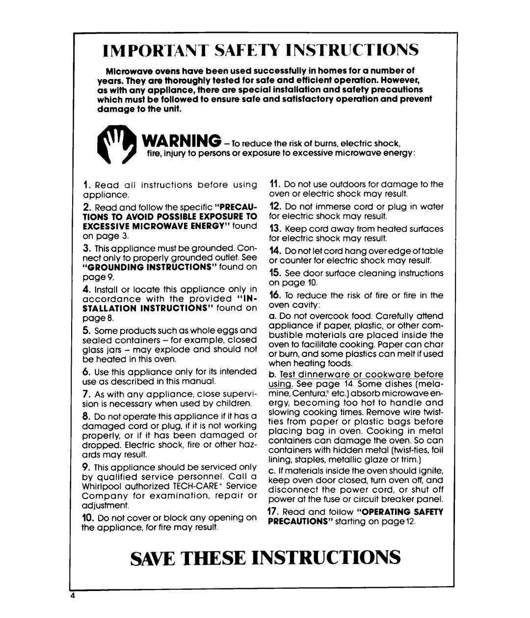 Whirlpool MW32OOXS manual Saw These Instructions, Important Safety Instructions 