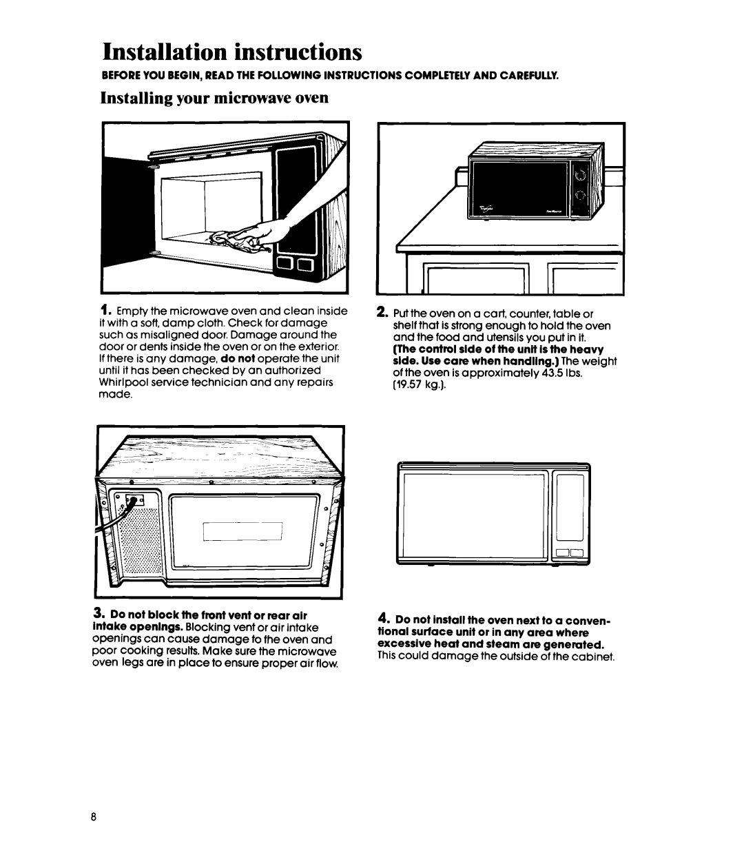 Whirlpool MW32OOXS manual Installation instructions, Installing your microwave oven 