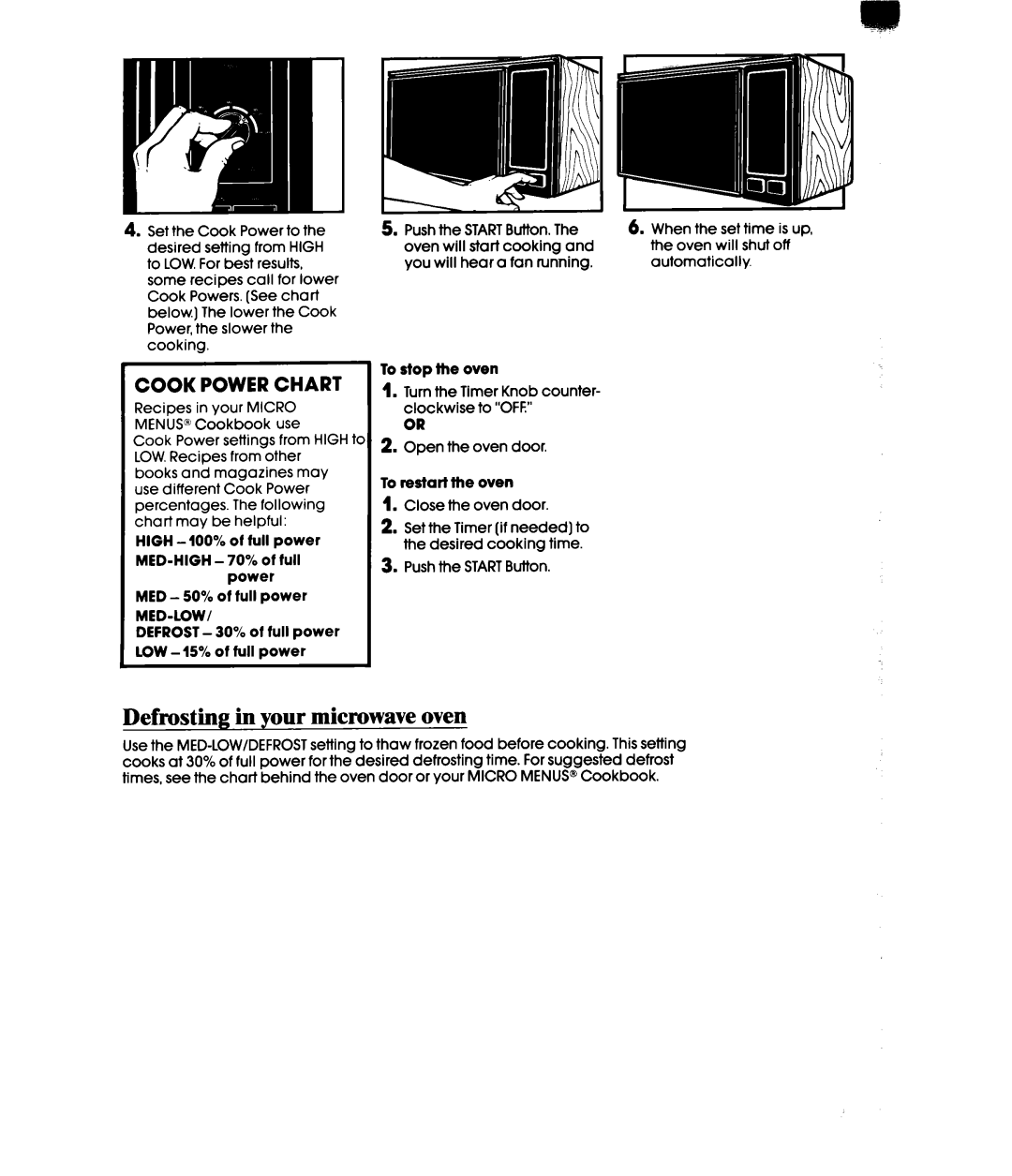 Whirlpool MW32OOXW manual Defrosting in your microwave oven, Cook Power Chart 