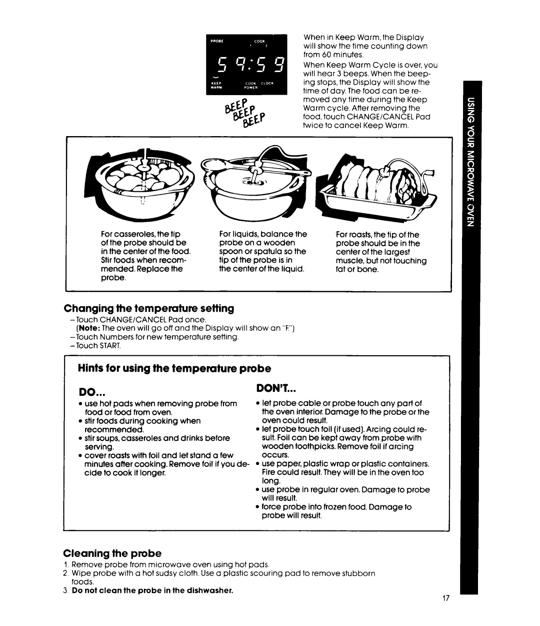 Whirlpool MW3500XM manual ~Hints for using the temperature probe DO, Changing the temperwture setting, Cleaning the probe 