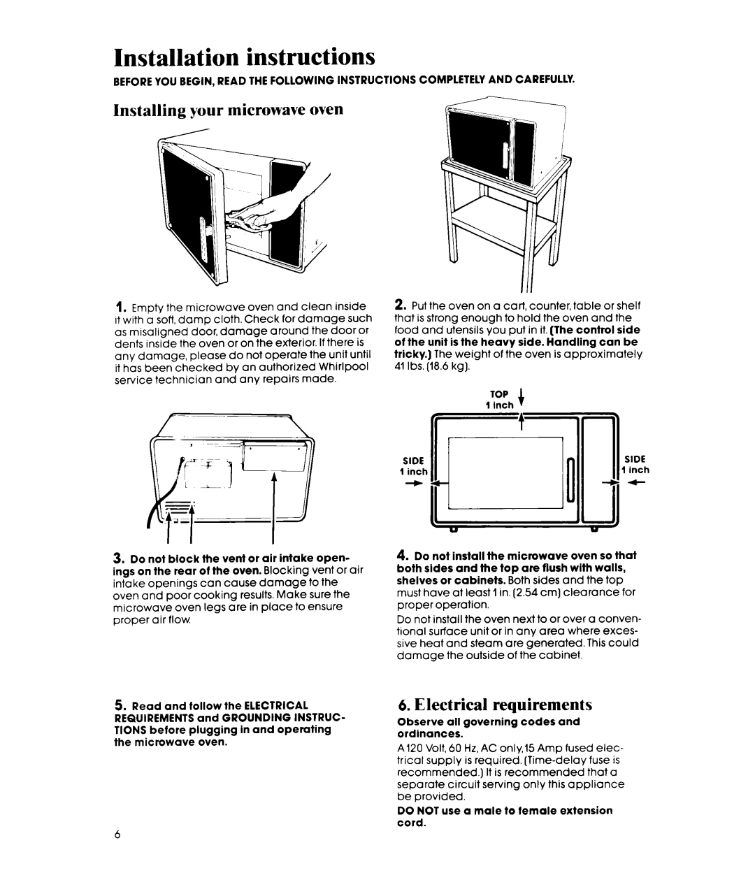 Whirlpool MW3500XM manual Installation instructions, Installing your microwave oven, Electrical requirements 